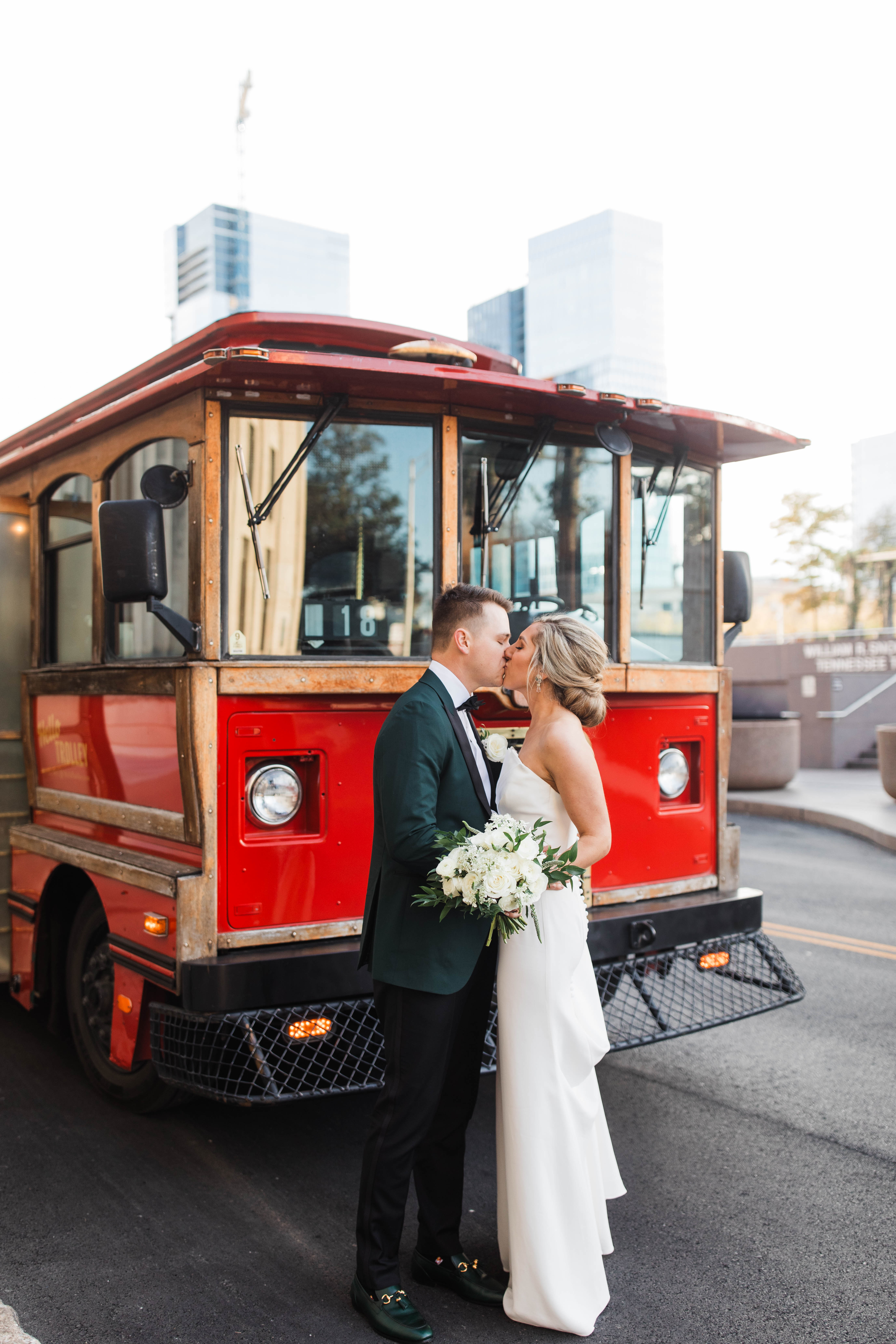 Photo of a trolley used to transport a couple and bridal party on their wedding day.