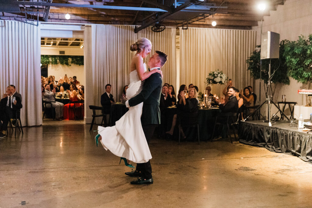 Photo of a couple dancing at their wedding.